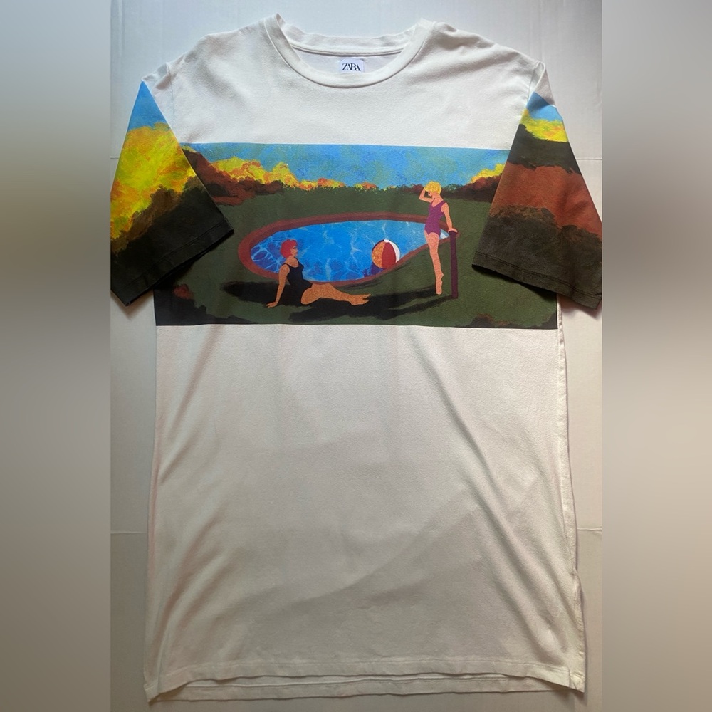 Zara White Graphic T-Shirt Dress Size M Art To Wear Vibrant Women By The Pool